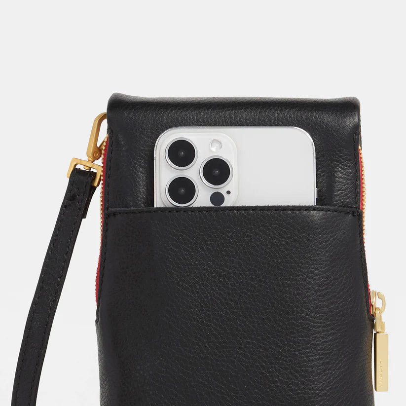 VIP Mobile Crossbody in Black/Gold with Red Zip