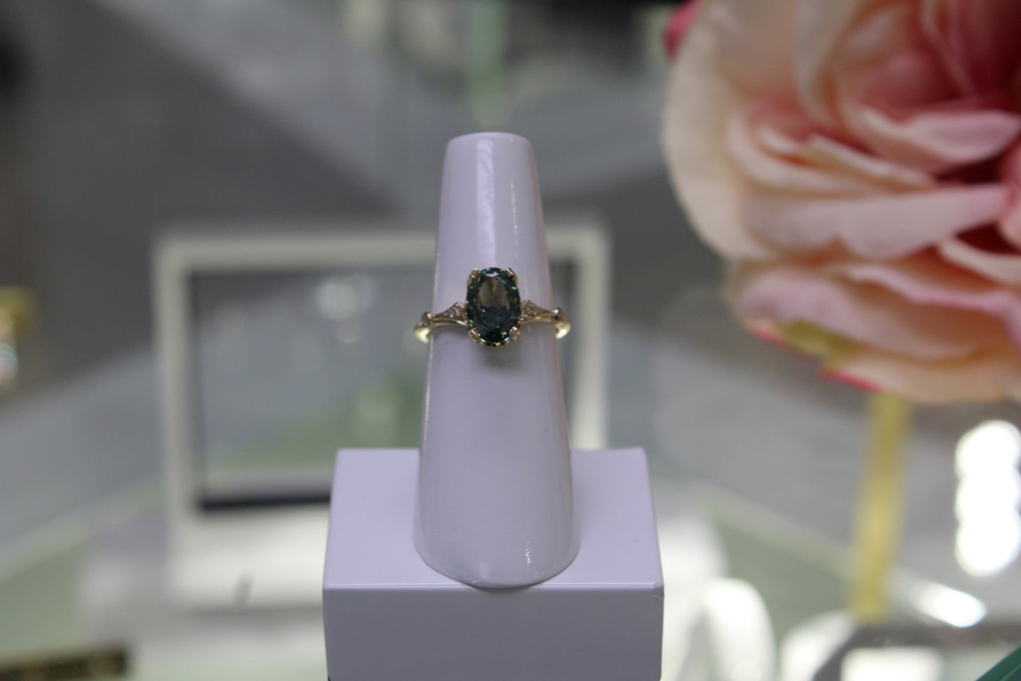 Art Deco Oval Solitaire Ring w/ Fancy Green Lab Diamond & Hidden Halo in 14KY