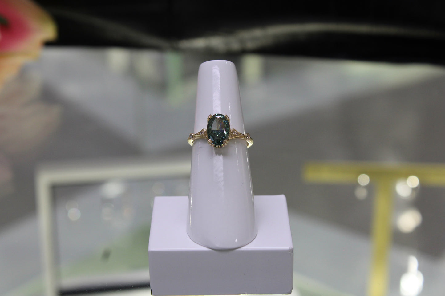 Art Deco Oval Solitaire Ring w/ Fancy Green Lab Diamond & Hidden Halo in 14KY