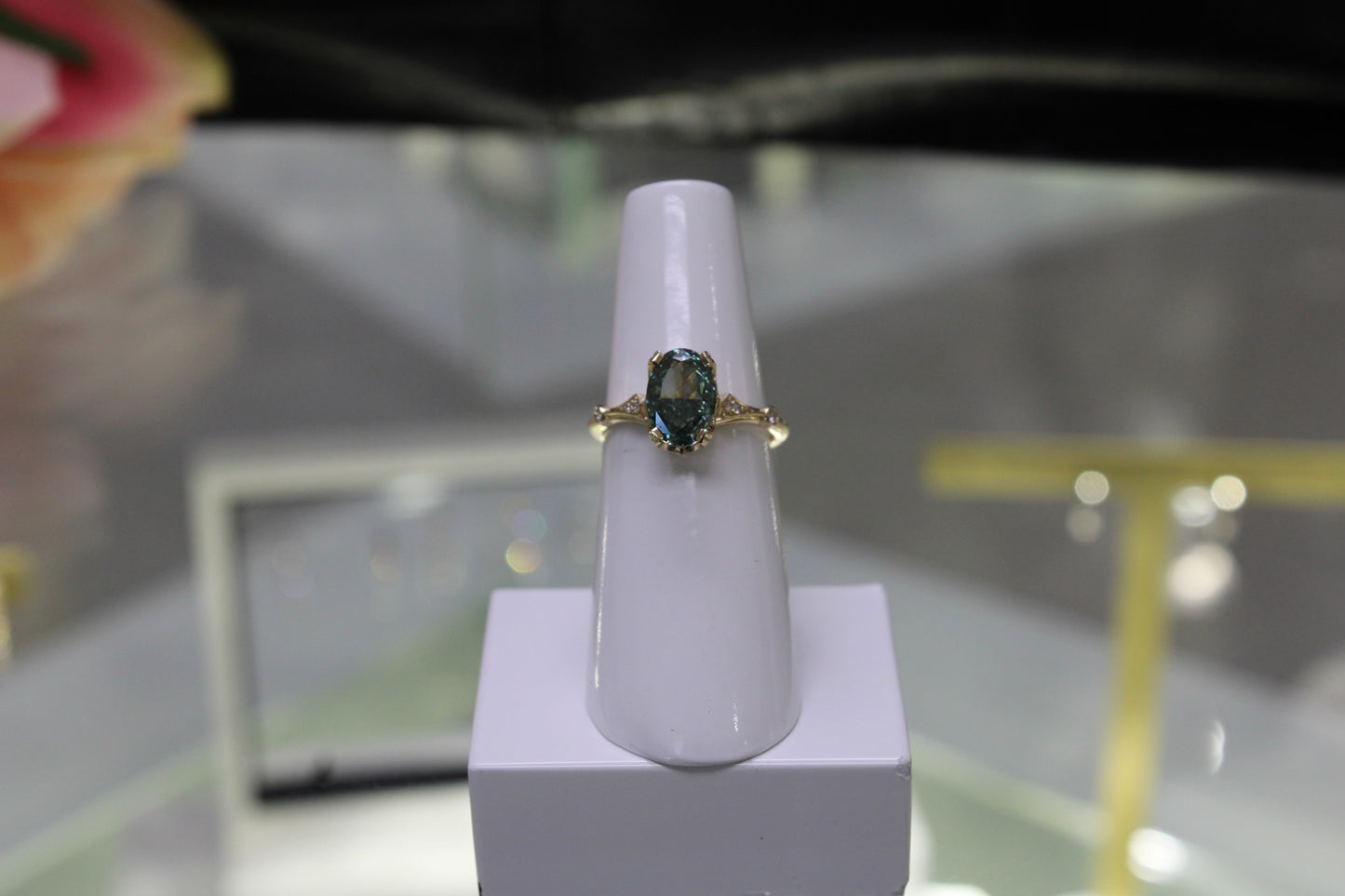 Art Deco Oval Solitaire Ring w/ Fancy Green Lab Diamond & Hidden Halo in 14KY