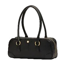 Black handbag with gold accents on a white background