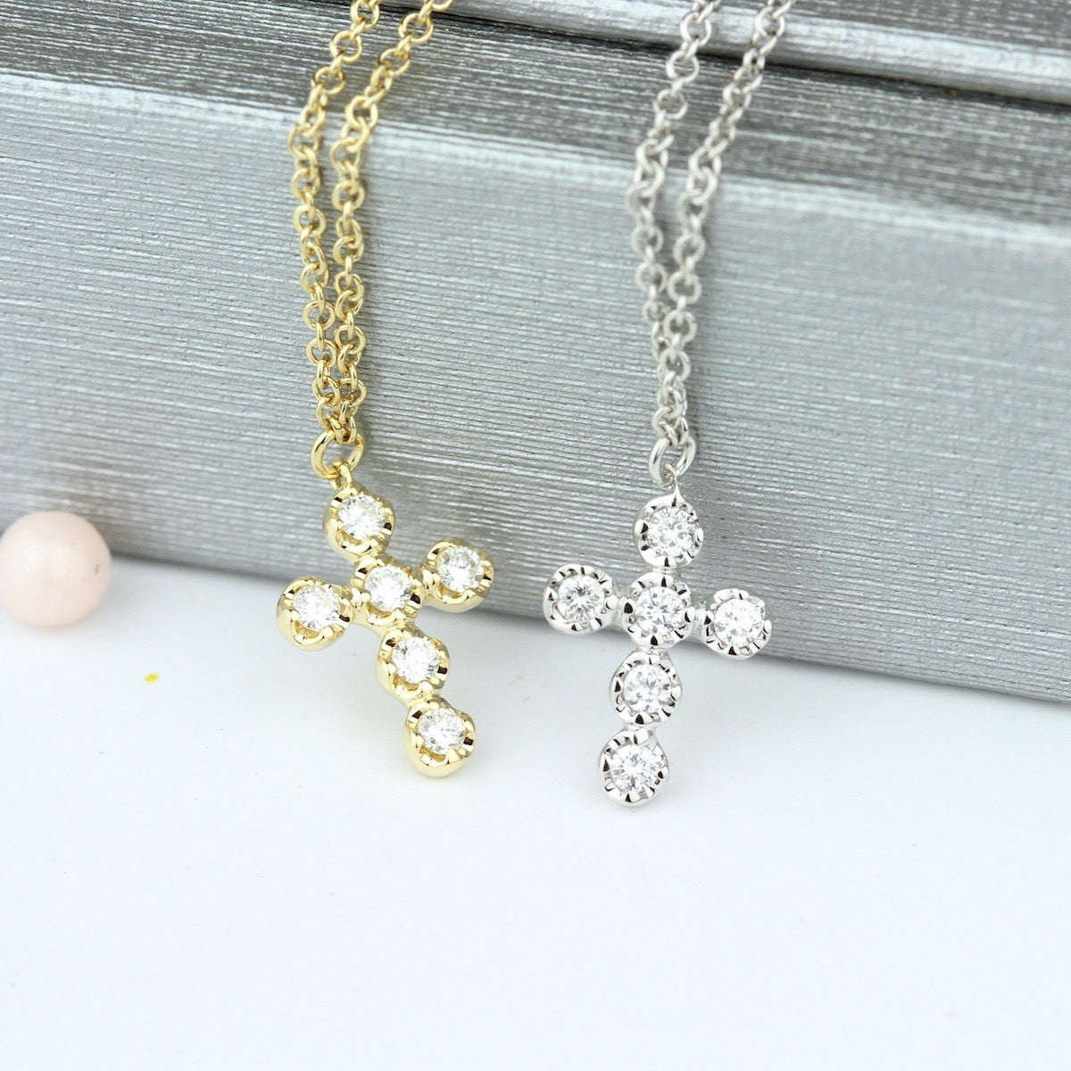 Diamond Cross Necklace w/ Drop Accents in 14KW