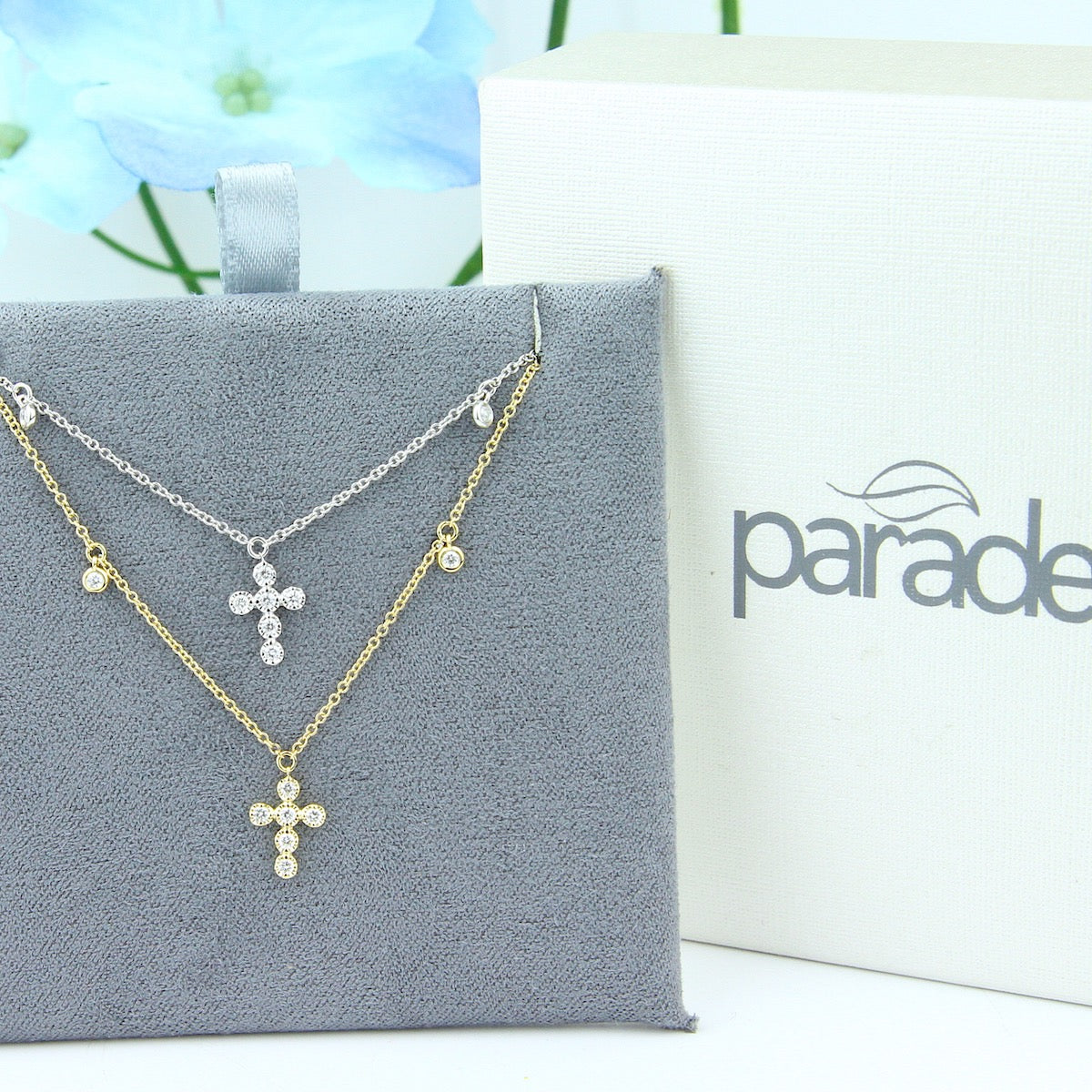 Diamond Cross Necklace w/ Drop Accents in 14KW