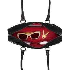 Red bag with gold text and black straps on a white background