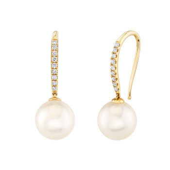 White Pearl Drop Earrings w/ Diamond Stems in 14KY