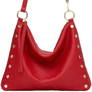Red handbag with gold studs and a matching strap on a white background