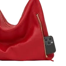 Red handbag with a phone inside on a white background
