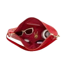 Red pouch with sunglasses and a phone inside on a white background