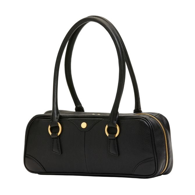 Black handbag with gold accents on a white background