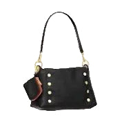 Black handbag with gold accents on a white background