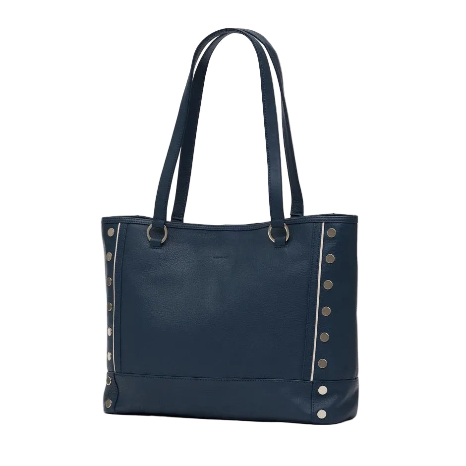 Navy blue tote bag with silver studs on a white background