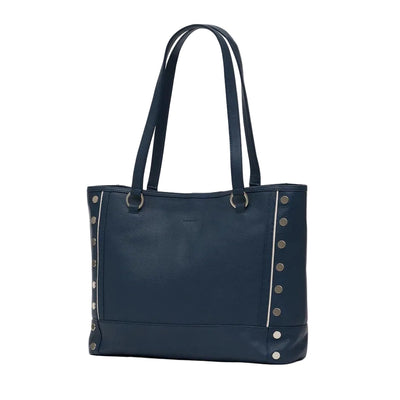Navy blue tote bag with silver studs on a white background