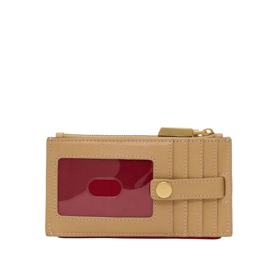 Beige wallet with a clear card holder on a white background