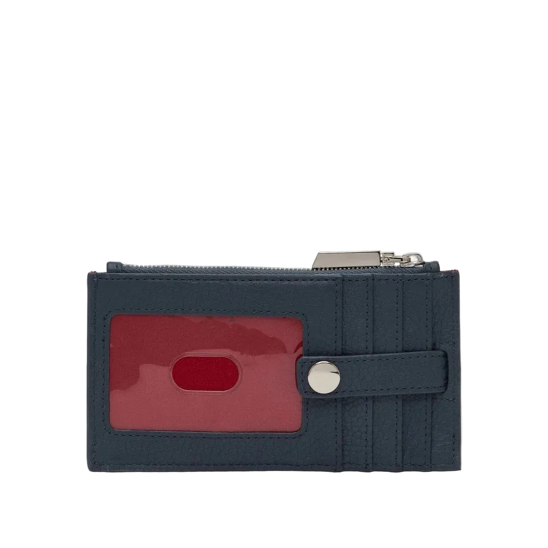 Navy blue wallet with a red card holder on a white background