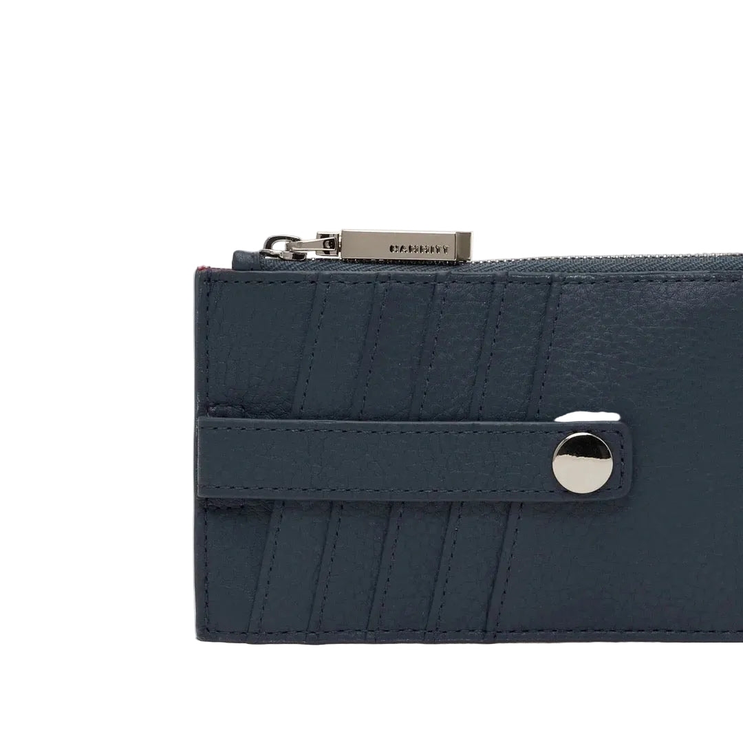 Navy blue wallet with a zipper on a white background