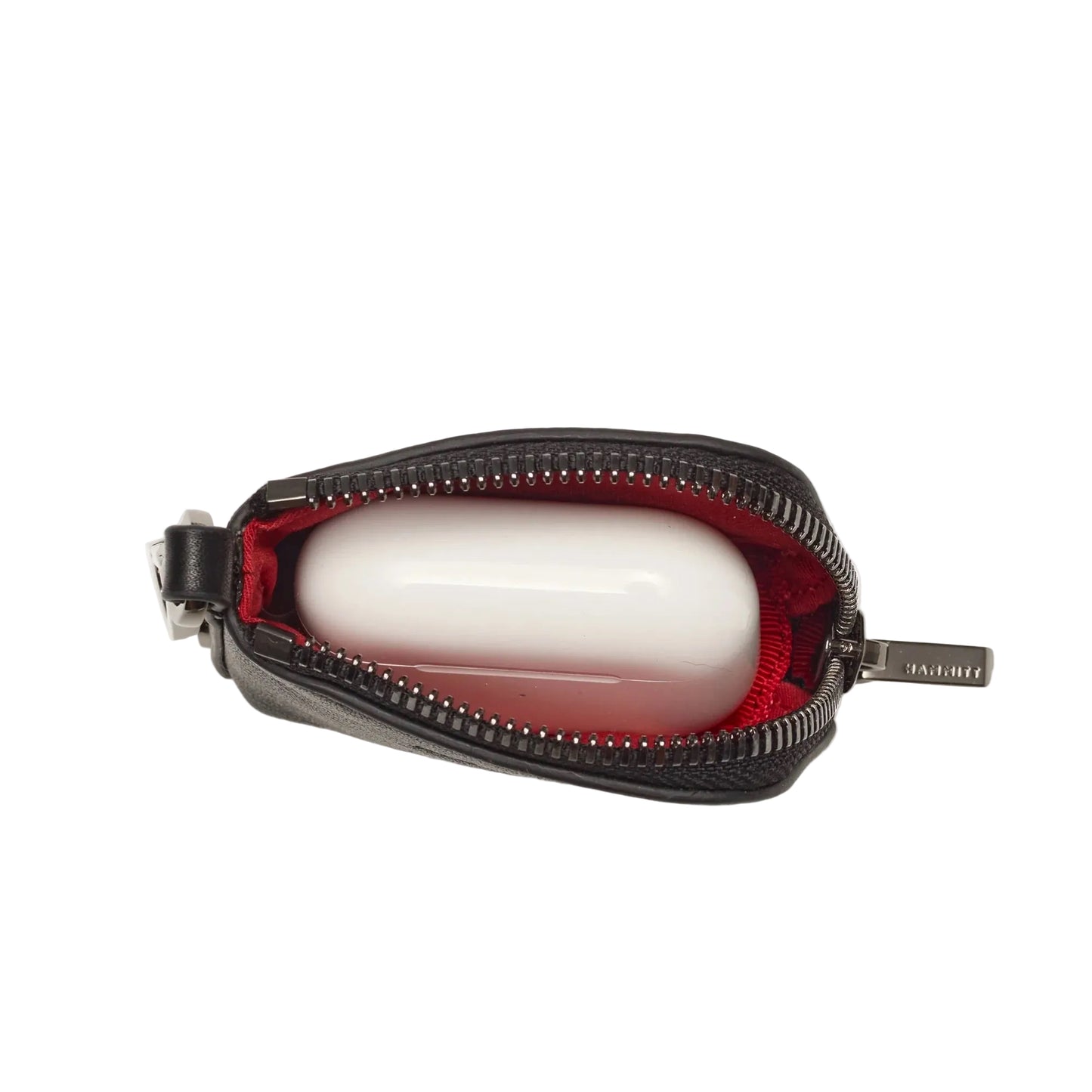 Black leather pouch with a red interior containing a white cylindrical object on a white background