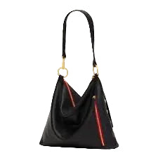 Black handbag with gold accents on a white background