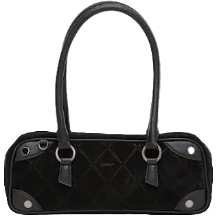 Black quilted handbag with silver hardware on a white background