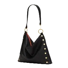 Black handbag with gold studs and a red interior on a white background