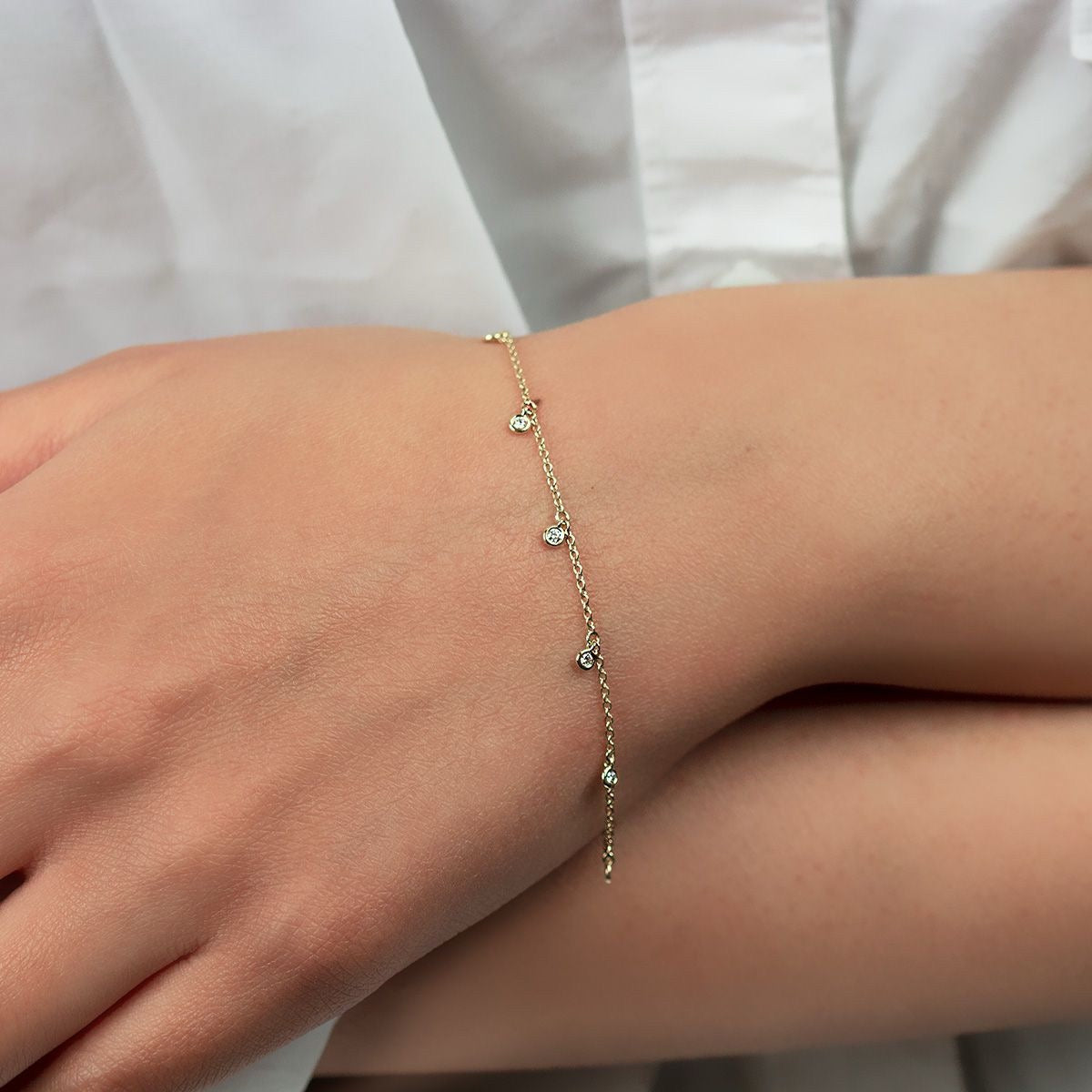 Bezel Set Diamond Dangles Chain Bracelet  in 14KY