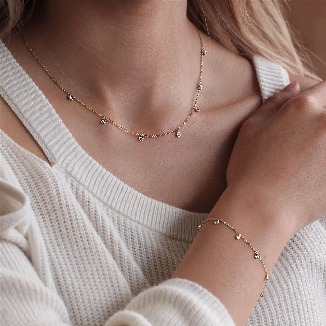 Bezel Set Diamond Dangles Chain Bracelet  in 14KY