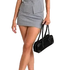 Woman holding a black handbag wearing a gray skirt on a white background