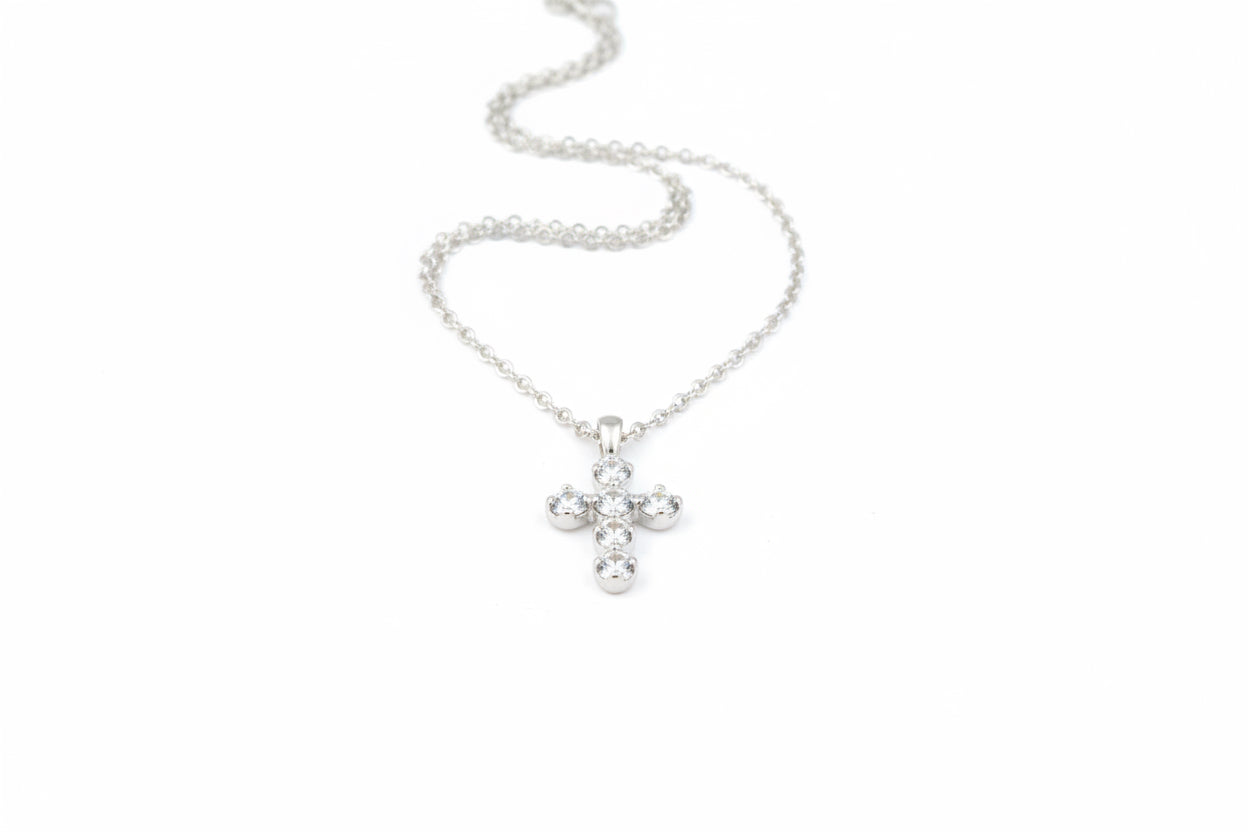 Diamond Cross Necklace w/ Drop Accents in 14KW