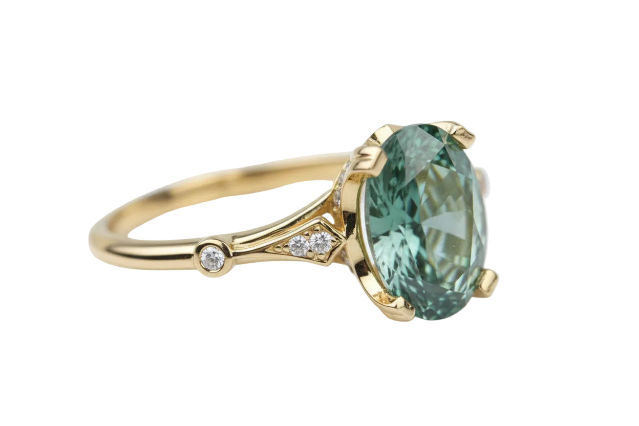 Art Deco Oval Solitaire Ring w/ Fancy Green Lab Diamond & Hidden Halo in 14KY