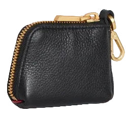 Black leather coin purse with gold zipper on a white background