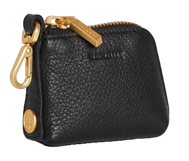 Black leather key pouch with gold accents on a white background