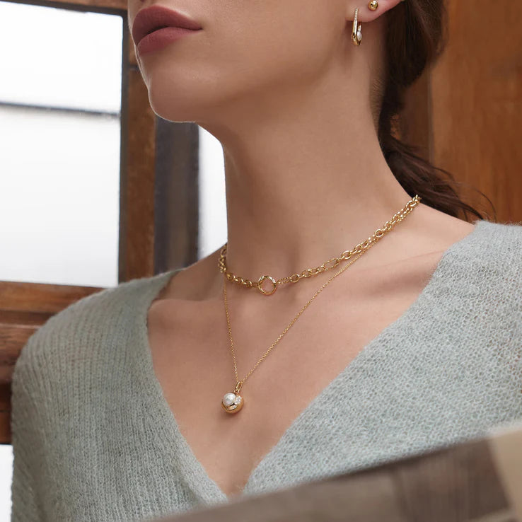 Gold Shell Pearl Sphere Pendant Necklace