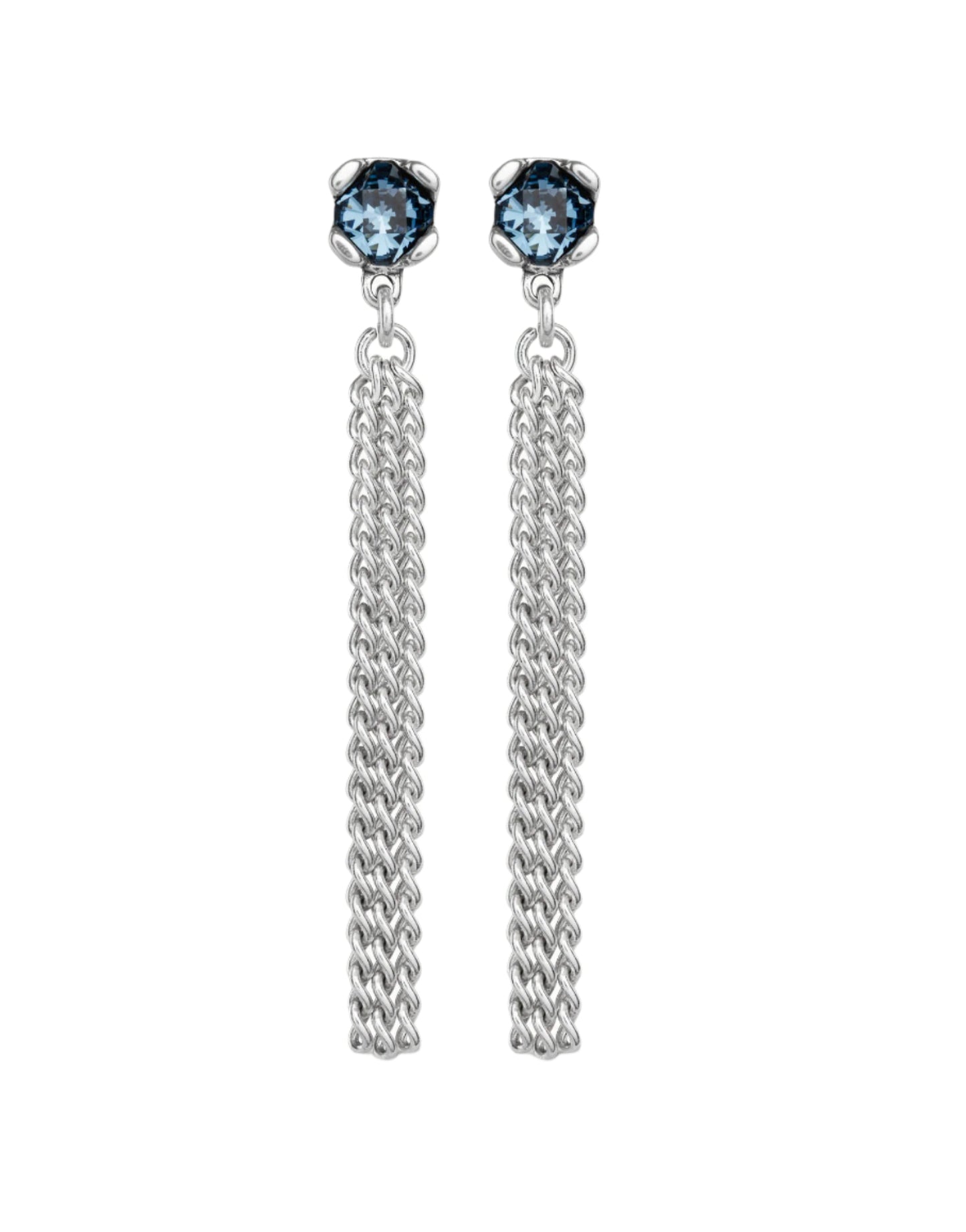 Blue Crystal Earrings with Chain Dangles in Silver