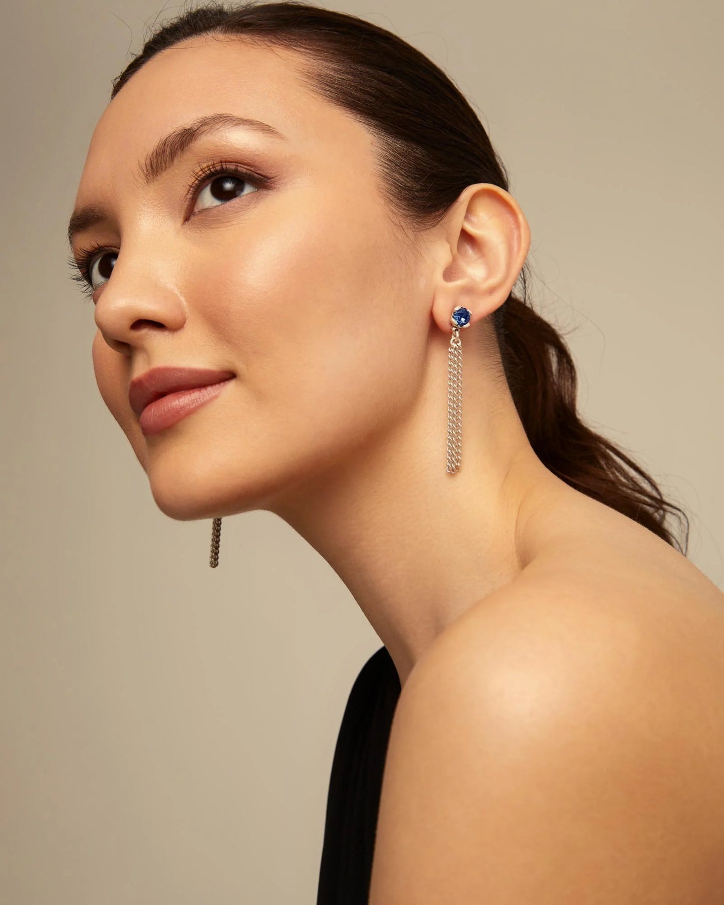 Blue Crystal Earrings with Chain Dangles in Silver