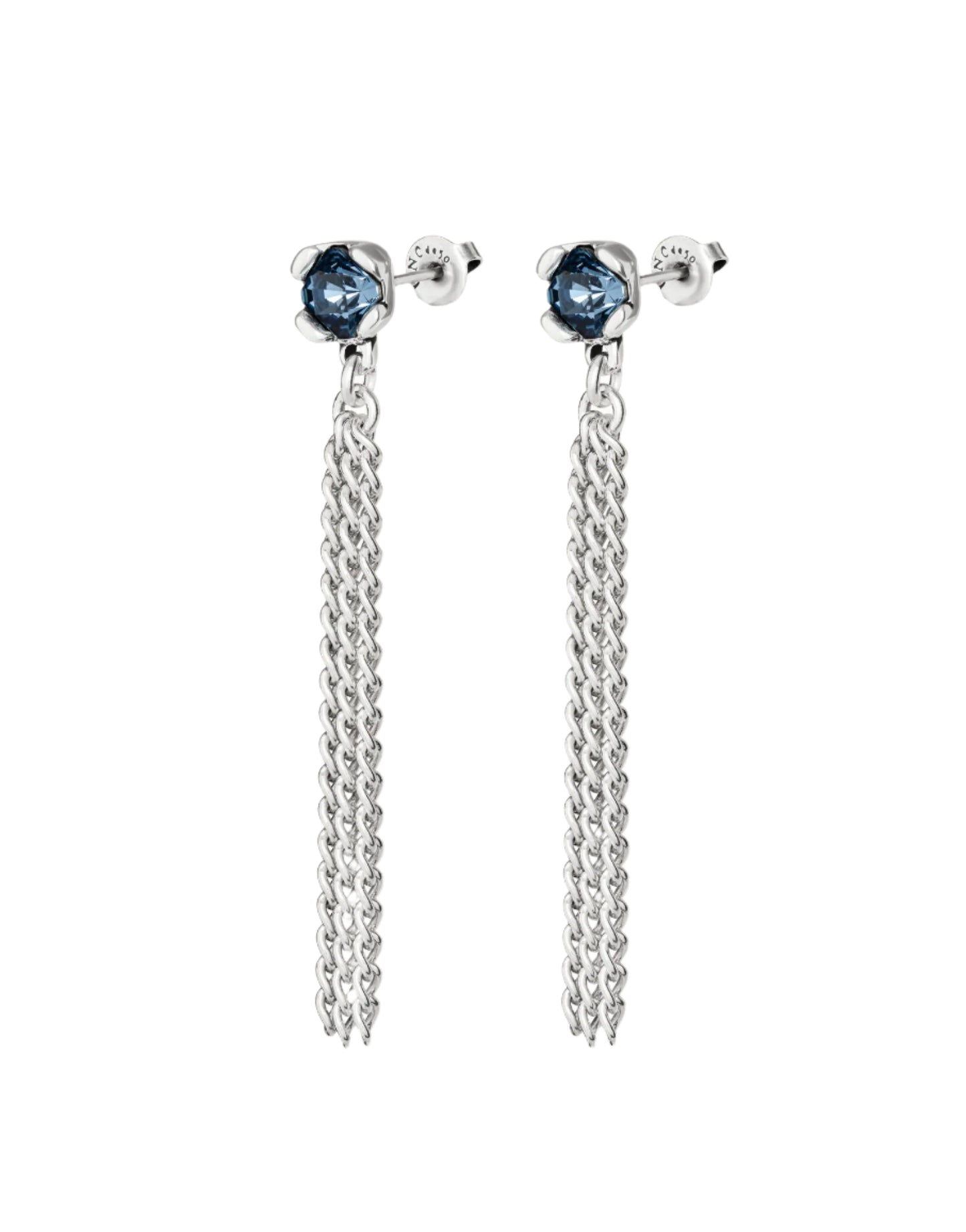Blue Crystal Earrings with Chain Dangles in Silver