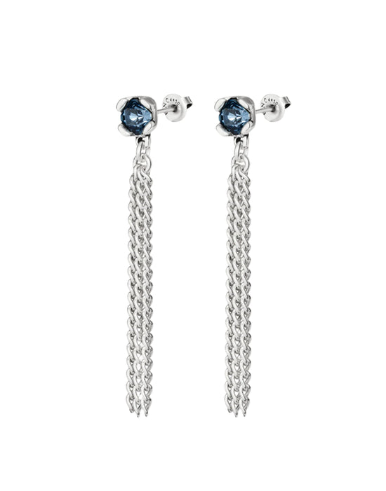 Blue Crystal Earrings with Chain Dangles in Silver