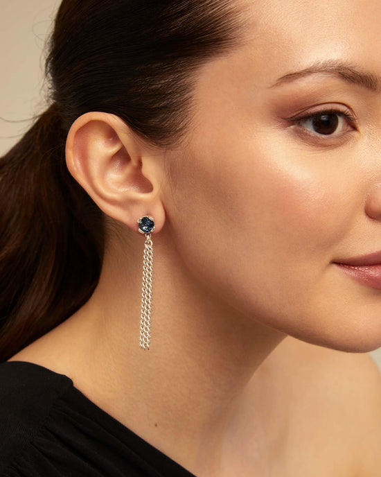 Blue Crystal Earrings with Chain Dangles in Silver