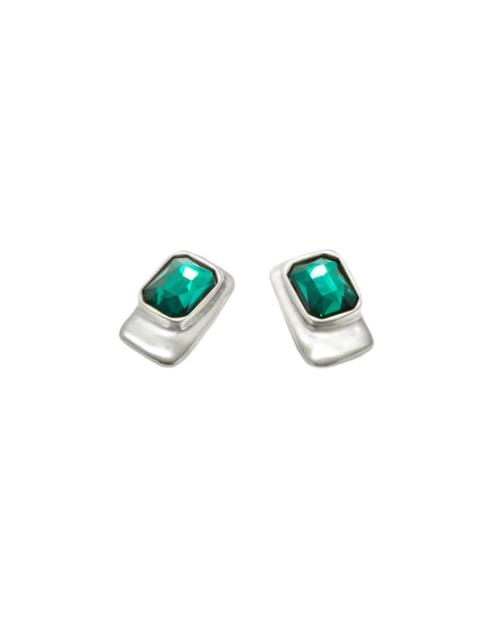 Sterling Silver-Plated Rectangular-Shaped Earrings with Green Crystal