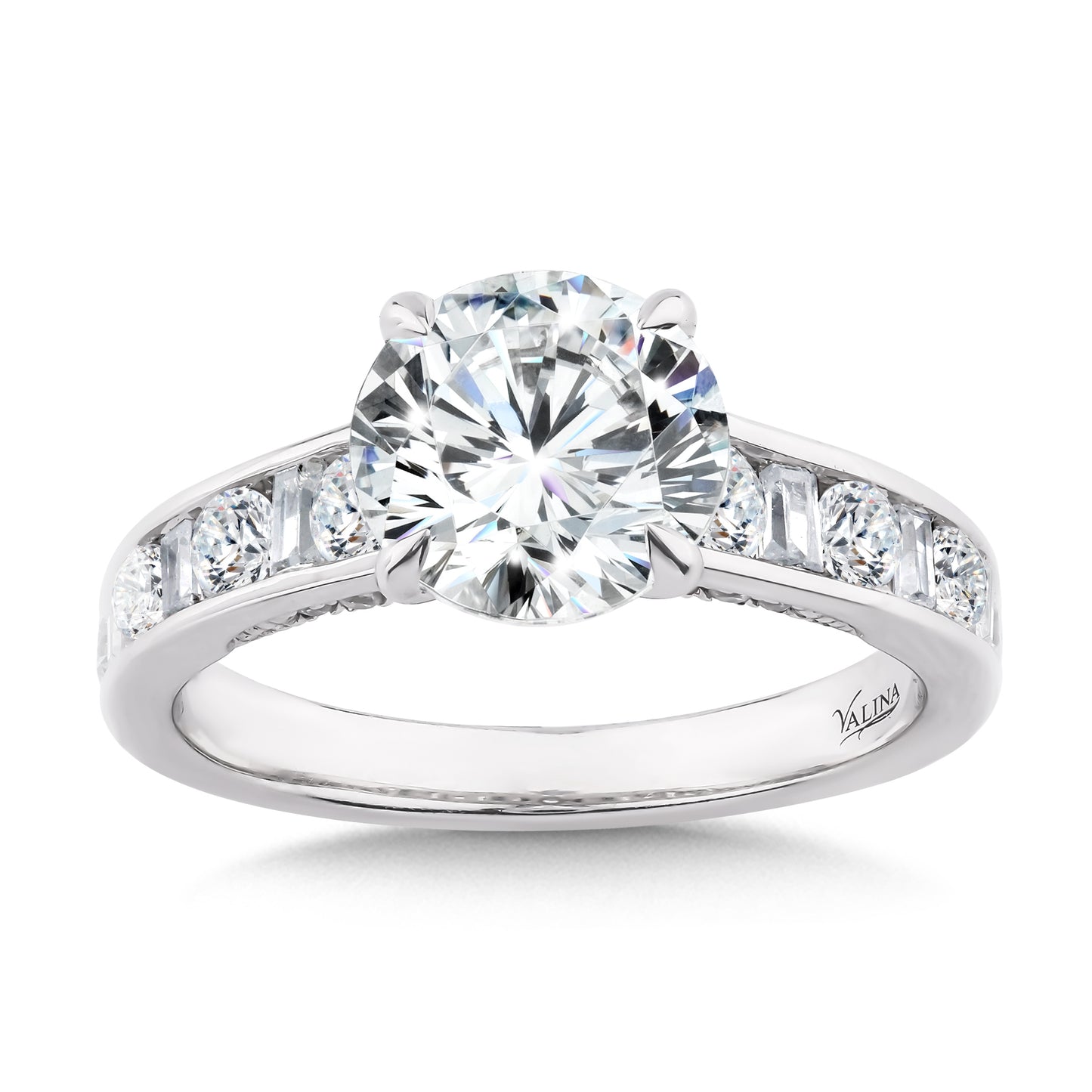 Round Center Engagement Ring with Round and Baguette Channel Accents