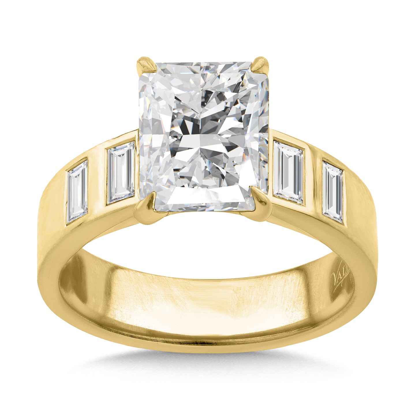 Bold Radiant Engagement Ring w/ Baguette Flush Set Accents