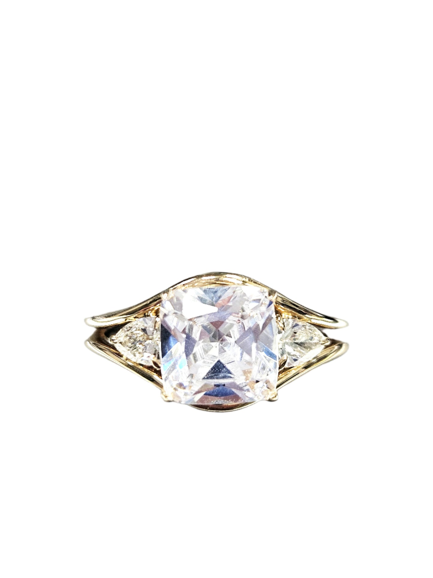 14KT Yellow Gold Three-Stone Ring with 1.50ctw Cushion-Cut Center and Pear-Shaped Accents