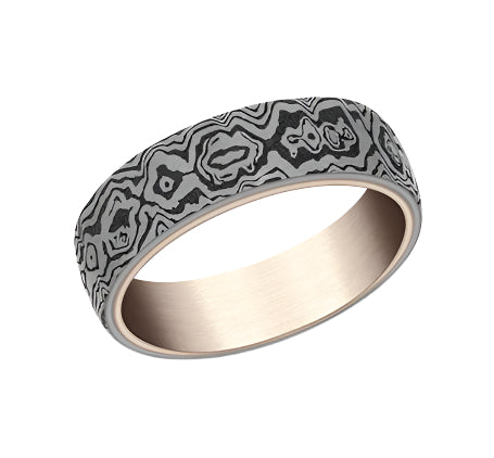 6.5mm 14k Rose Gold Band with Grey Tantalum Tamascus Design