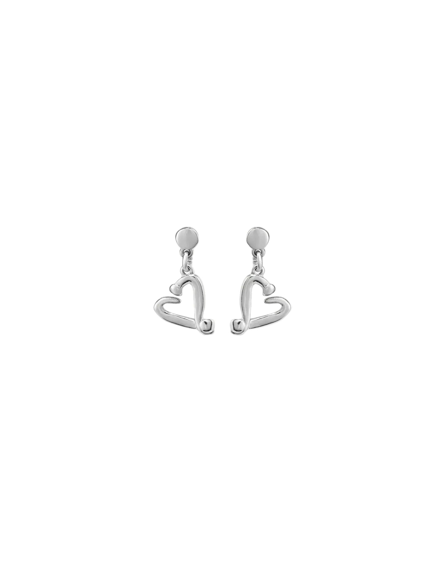 Heart-shaped silver earrings on a white background