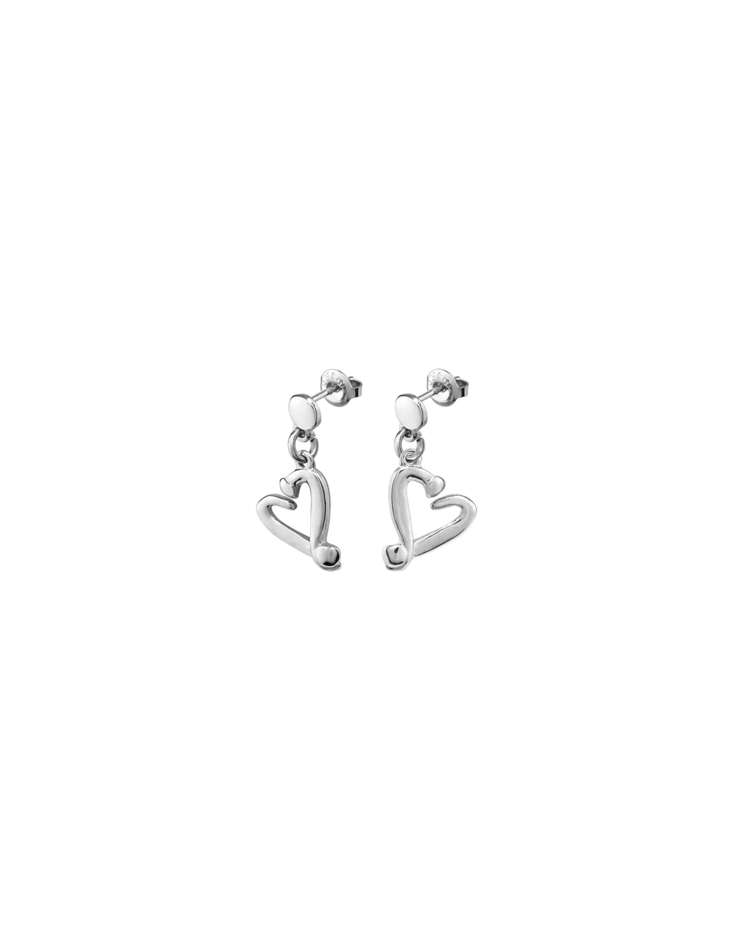 Pair of silver heart-shaped earrings on a white background