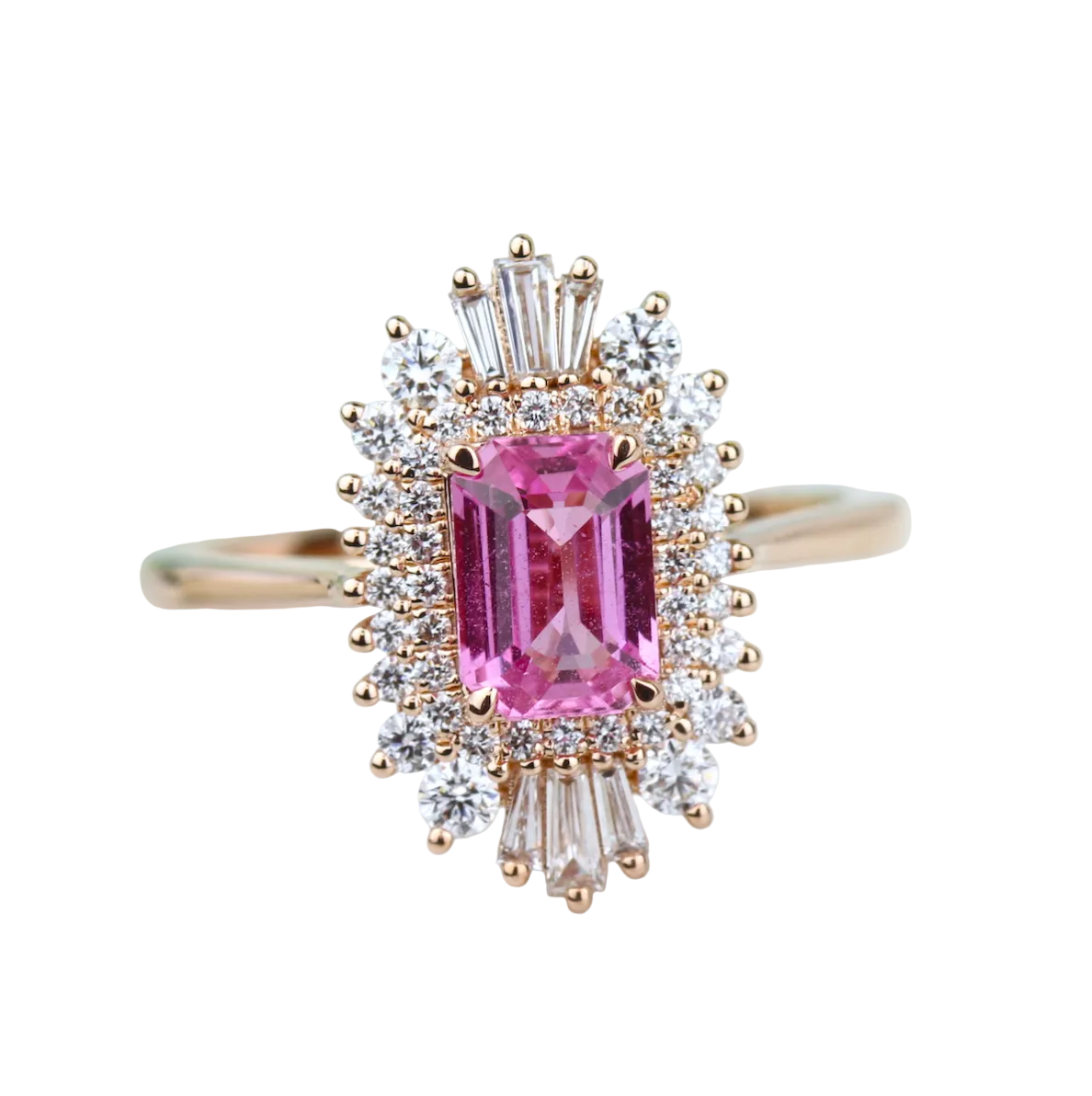 Pink Sapphire Emerald Cut Ring with Fancy Halo in 14KR