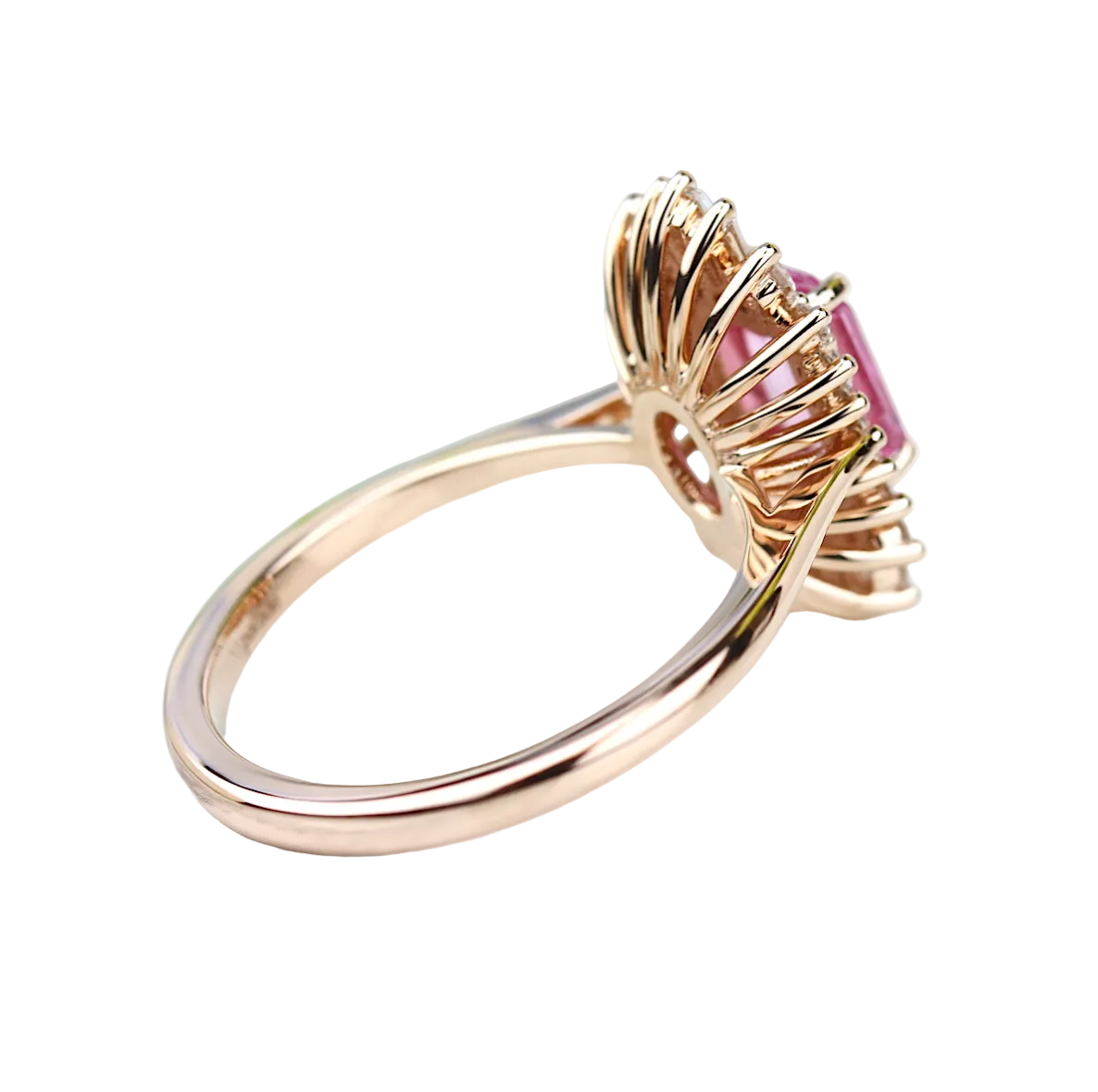 Pink Sapphire Emerald Cut Ring with Fancy Halo in 14KR