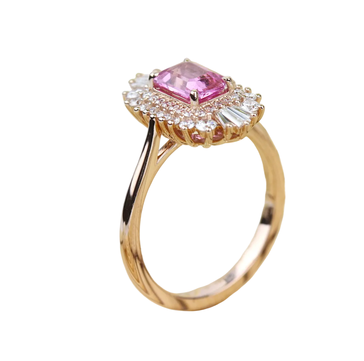 Pink Sapphire Emerald Cut Ring with Fancy Halo in 14KR