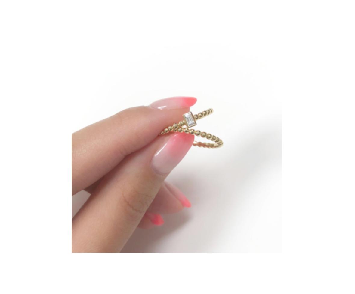 Dainty Bezel Set Emerald Cut Solitaire with Beaded Band in 14KY