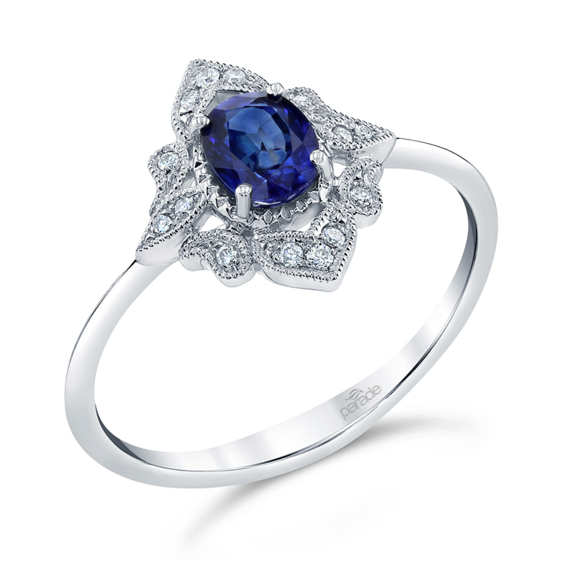 Vintage Style Oval Blue Sapphire Ring w/ Fancy Halo in 14KW