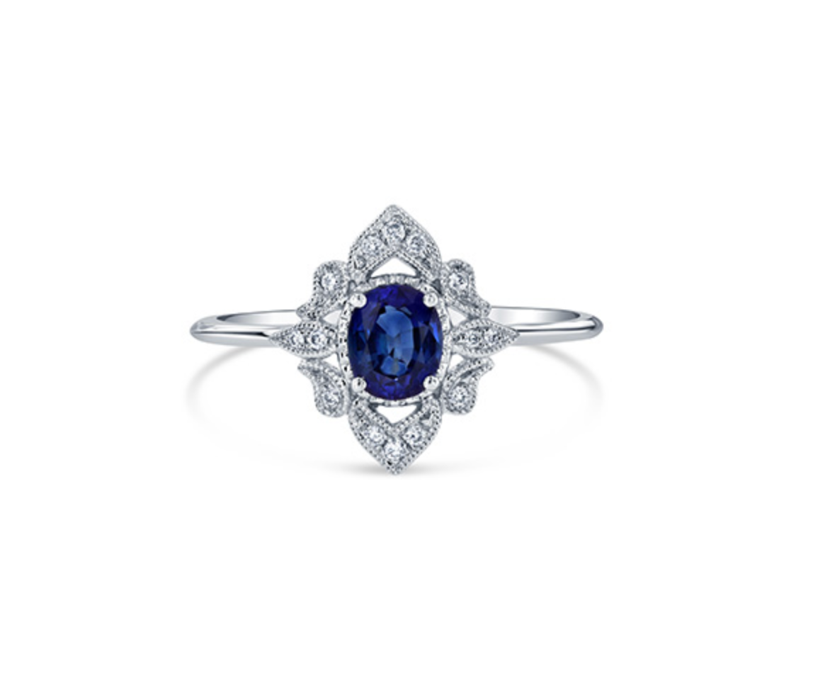 Vintage Style Oval Blue Sapphire Ring w/ Fancy Halo in 14KW