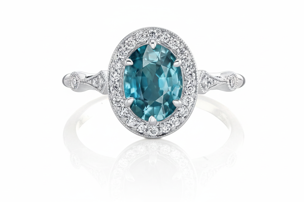 White gold  ring with a blue gemstone and diamond accents on a white background